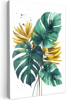 Produktbild von MuchoWow® - Leinwandbilder - Blätter - Monstera - Grün - Gold - Modern, Wandbild, Wanddeko Bilder Wohnzimmer, 80x120 cm