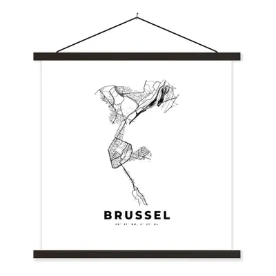 Produktbild von MuchoWow® Textilposter Belgien - Brüssel - Stadtplan - Karte - Schwarz und weiß - Karte 60x60 cm mit schwarzem Rahmen - Posteraufhänger