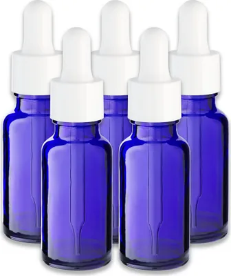 Produktbild von 5x Blaue Glasflasche 20 ml mit weißer Pipette Kosmetikverpackung leer