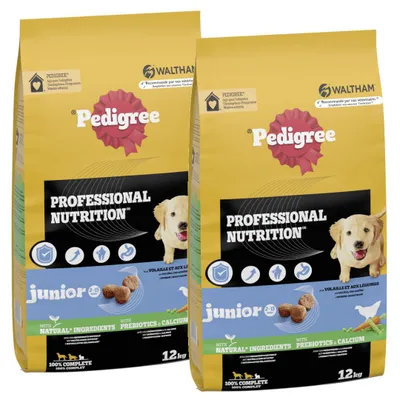 Produktbild von Pedigree Junior Professionelle Ernährung mit Geflügel und Gemüse 12 kg + 12 kg Trockenfutter für Welpen mittelgroßer und großer Rassen