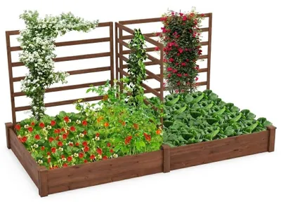 Zdjęcie produktu dla KOMFOTTEU: Doniczka na kwiaty z kratką do pnączy, podwyższona grządka z 3 poziomami, skrzynka do sadzenia z podporą do roślin pnących, grządka ogrodowa z podporą do roślin pnących wykonana z drewna sosnowego (222 x 114 x 110 cm, brązowa)