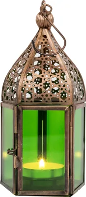 Produktbild von Orientalische Laterne aus Metall & Glas Meena grün 16cm | orientalisches Windlicht | Marokkanische Glaslaterne für innen | Marokkanisches Gartenwindlicht für draußen als Gartenlaterne