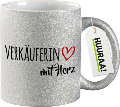 Produktbild von Huuraa Glitzertasse Verkäuferin mit Herz 330ml Silber Keramik Kaffeebecher Geschenkidee