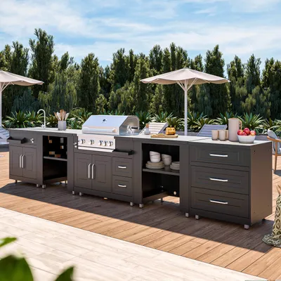 Image de Cuisine d'extérieur angle 5 éléments avec évier et barbecue - Oviala Memphis
