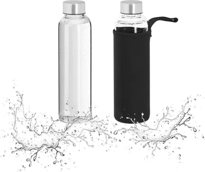 Produktbild von Relaxdays Trinkflasche, 2er Set, 500 ml, auslaufsicher, Glasflasche mit Hülle, HxD: ca. 23,5x6,5 cm, transparent/schwarz