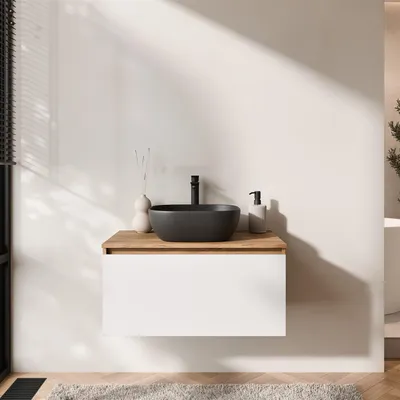 Produktbild von Planetmöbel ARISA Waschtisch 80 cm weiß mit Keramik-Aufsatzwaschbecken 42 cm in schwarz