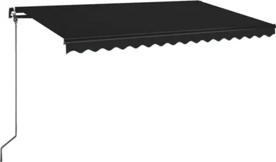 A black retractable awning with a scalloped edge and a manual crank mechanism, shown against a white background.