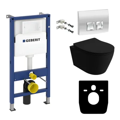Produktbild von GEBERIT Geberit Duofix Basic Vorwandelement + Wand-WC Tiefspül Praia Becken Schwarz Spülrandlos + Bedienplatte Delta 25 für Doppelspülung