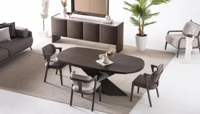 Produktbild von Elegantes braunes Esstisch- und Stuhl-Set aus Holz