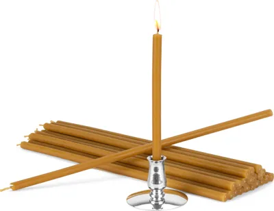 Produktbild von Kerzenhalter +  Bienenwachskerzen gelb Tropf- Rußfrei L 24,5cm Opferkerzen 40107