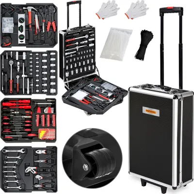 A collage of images showing a tool trolley, various tool sets, gloves, and cable ties.