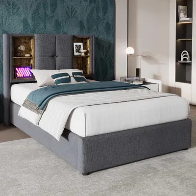 Productafbeelding van Boxspringbed, 90 x 200 cm, grijs, met draadloos opladen, USB-poorten, Type-C poorten, een hoofdeinde met opbergruimte en een lattenbodem, zonder matras