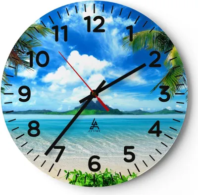 Produktbild von Wanduhr - Rund - Glasuhr - Strand Urlaub Insel Palme - 40x40cm - Schleichendes Uhrwerk - Lautlos - zum Aufhängen bereit - Dekoration Modern - Wanddekoration aus Glas - C4AR40x40-2528