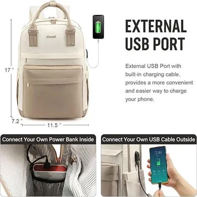 Produktbild von Beige Wasserdichte Laptop-Tasche für Mädchen und Teenager, 15,6 Zoll, USB-Ladestation, große Schul- und Reise-Tasche