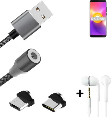 Produktbild von K-S-Trade® Hochwertiges Magnet-Lade-kabel Sync-Kabel Daten-Kabel + Kopfhörer für Cubot Nova mit USB-Typ-C-Anschluss und Micro-USB-Anschluss 2A bis