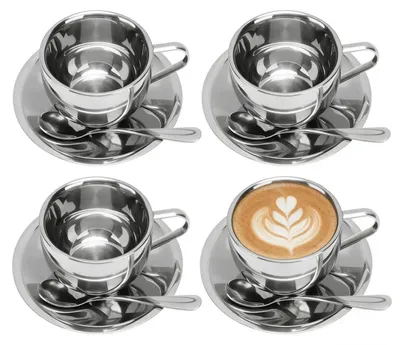 Produktbild von Edelstahl Kaffeetassen Set 4 Stück 180ml Doppelwandig Isolierbecher mit Löffel und Untertasse