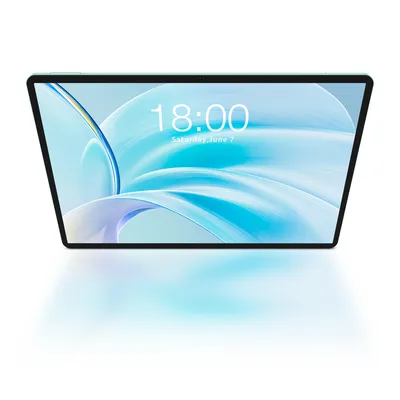 A tablet is displayed at an angle on a white background, with a reflection underneath.