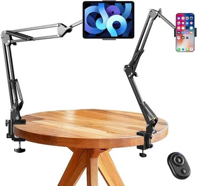 Obrázek produktu pro Držák na mobilní telefony a tablety Ibenzoa® – stabilní kovová svorka na stůl až do průměru 55 mm, flexibilní rameno s možností otáčení o 360°, pro zařízení o velikosti 4–12,9 palců