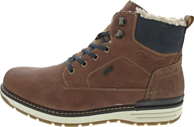 A side view of a brown leather boot with blue accents and fur lining.