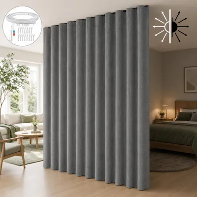 Immagine prodotto di Tenda oscurante al 100%, 254x244 cm, divisorio per ambienti, con coulisse e binario a soffitto flessibile, tessuto antigraffio, tenda divisoria, opaca, grigia