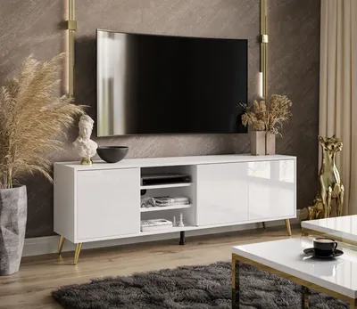 Produktbild von SANAYI RTV Schrank auf Beinen mit Ablagen weiß glänzend Weiß / Weiß hochglanz Goldfarbene Metallbeine