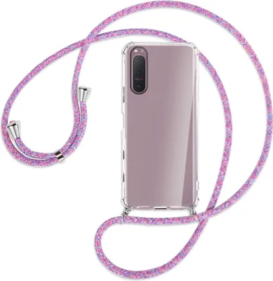 Produktbild von Handykette Backcover-Schutzhülle mit Band (Metall silberfarben) für Sony Xperia 5 II - lila/rosa/blau