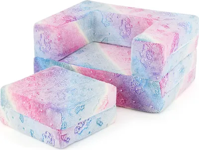 A children's modular sofa and ottoman with a rainbow and unicorn pattern.