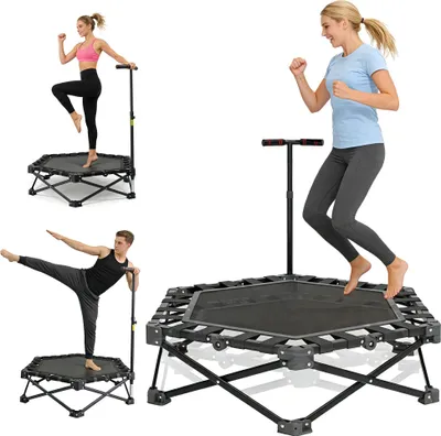 Zdjęcie produktu dla Trampolina fitness 106 cm – mini rebounder z uchwytem – składana – do użytku w pomieszczeniach – trening równowagi – dla dorosłych i dzieci – przenośna
