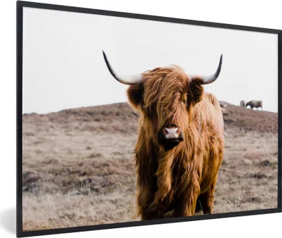 Produktbild von MuchoWow® Gerahmtes Poster Schottische Highlander - Landschaft - Kuh - Braun - Tiere - Natur 90x60 cm - Poster mit Schwarzem Bilderrahmen Wandposter Rahmen Foto Bilder - Fotorahmen - Foto-Plakat