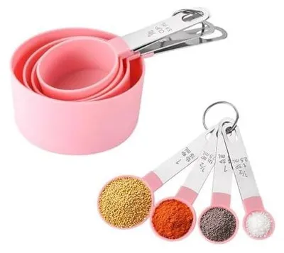 Produktbild von 8 Stück Messlöffel Set, Cup Messbecher Set Edelstahl für Messen Flüssigkeiten und Feststoffe mit 4 Measuring Cups und spoons, Messwerkzeug von Küchen, Dosierlöffel Küchengeräte (Rosa)