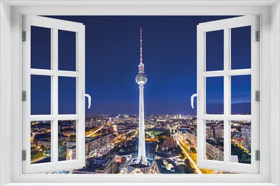 Produktbild von Wallario Poster mit Fenster-Illusion: Fernsehturm Berlin bei Nacht, Größe: 61 x 91,5 cm (Maxiposter)
