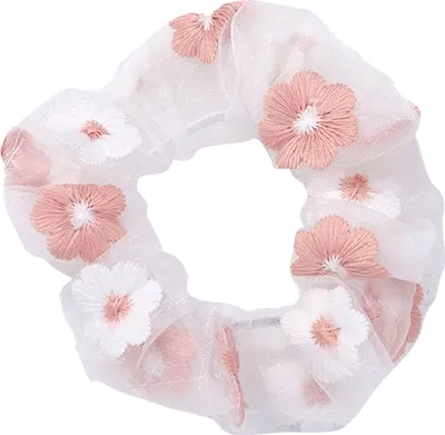 Image de Chouchou en mousseline délicat avec fleurs brodées rose pêche