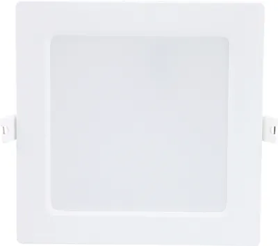 A white square LED ceiling light is shown against a white background.