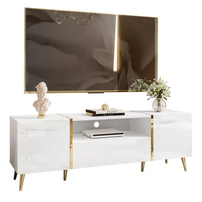 Produktbild von TV-Schrank ONYX auf goldenen Beinen Hochglanz 158 cm Weiß / Weiß hochglanz Push-to-Open System