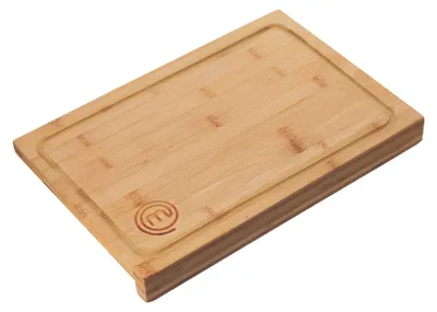 Produktbild von MasterChef Schneidebrett Holz, Holzbrett Küche aus Bambus, für Fleisch, Schinken, Brot, Käse, mit Saftrille und Anschlagkante, Natürlich, Nachhaltig,38.5L x 26.5W x 2H