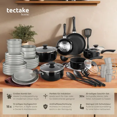 Produktbild von tectake® Küchenstarterset Una/Varese Geschirrset aus Steingut, mit Glasur inklusive 5 Küchenwerkzeugen