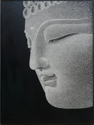 Produktbild von Fine Asianliving Ölgemälde 100%  Handgeschnitzt 3D Texture Rahmen Schwarz 90x120cm Buddha Grau