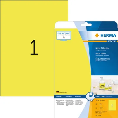 Produktbild von HERMA Etiketten 5148 gelb 210,0 x 297,0 mm, 20 Blatt
