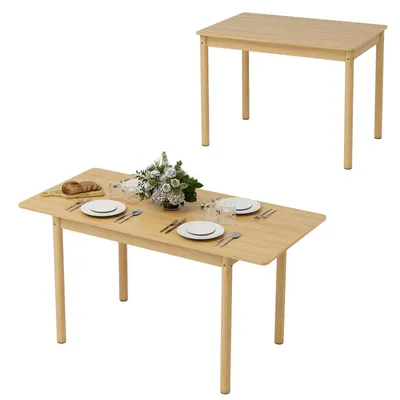 Image de Table extensible en bois massif, avec espace de rangement, réglable de 105 à 145 cm, adaptée pour 2 à 6 personnes, capacité de charge de 120 kg, idéale pour le salon ou la salle à manger, finition naturelle