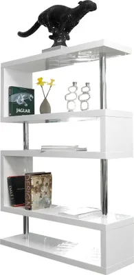 A white, modern zig-zag shelf unit displaying decorative items and books.
