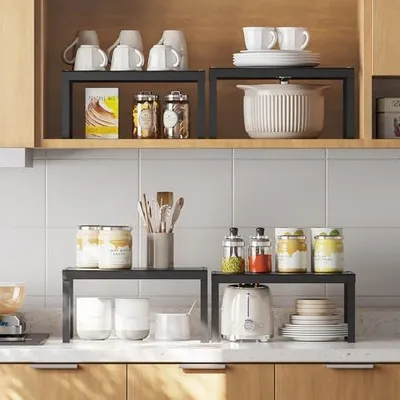 Produktbild von Küchenschrank-Organizer, 2er-Pack, Schrank-Aufbewahrungsregal, Organizer, Metall, erweiterbarer Gewürzhalter, stapelbare Aufbewahrungsregale