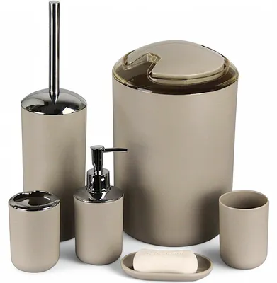 Produktbild von 6tlg Badset Badezimmer Zubehör Set Organizer: (Beige Design 3) Seifenspender, Zahnputzbecher, Kosmetikeimer, WC Bürste, Seifenschale, Mülleimer