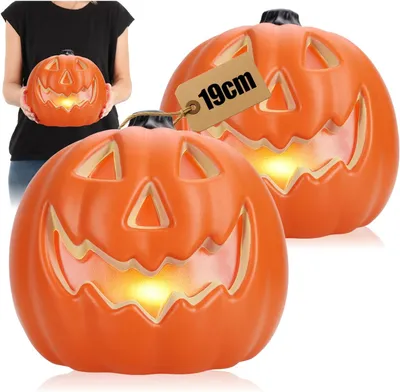 Immagine prodotto di Zucca decorativa con luci LED - Set di 2 - Zucca di Halloween con timer - 6 ore di illuminazione - Luce d'atmosfera