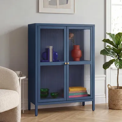 Immagine prodotto di Credenza 'Säkylä' in acciaio con 2 ante in vetro rigato 84 x 64 x 35 cm blu navy