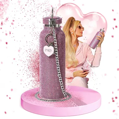 Produktbild von Paris Hilton  pinke Glitzer-Trinkflasche, 750ml mit Edelstahlkörper und Strasssteinen  Wasserflasche mit Metallanhänger und abnehmbarer Tragekette