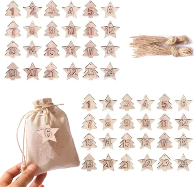 Immagine prodotto di Calendario dell'Avvento con numeri in legno, dal 1 al 24, per decorazioni natalizie (colore marrone)