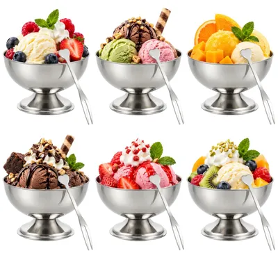 Eisbecher-Set 6-tlg. mit Gabeln, Edelstahl, silber, 10 cm