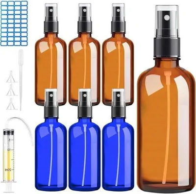 Obrázek produktu pro Sada 6 skleněných lahviček o objemu 100 ml – stříkací pistole, etiketa, samolepka, hnědá lahvička