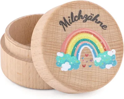 Obrázek produktu pro Krabička na mléčné zoubky, 1 kus, dřevěná krabička na mléčné zoubky s duhovým designem, na křtiny, narozeniny a oslavu narození miminka