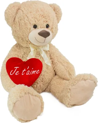 Image de BRUBAKER XXL Ours en peluche 100 cm Beige avec un cœur Je T'Aime Peluche
